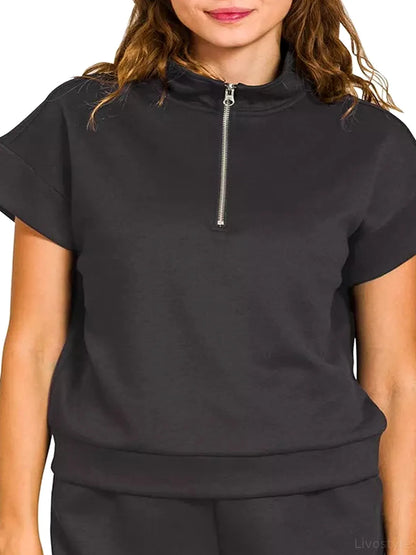 Scuba High Neck Half Zip Top and Dolphin Shorts Set — detail view — Livostyle