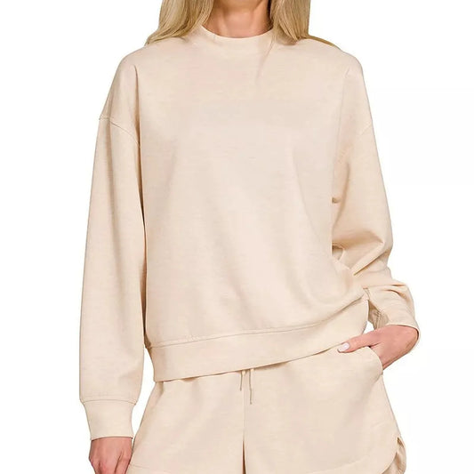 Scuba Long Sleeve Sweatshirt and Shorts Set in H BEIGE — square view — Livostyle