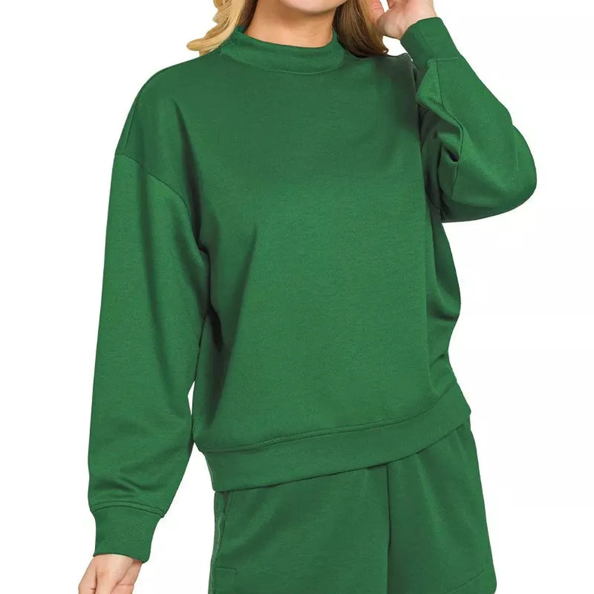 Scuba Long Sleeve Sweatshirt and Shorts Set in DK GREEN — square view — Livostyle