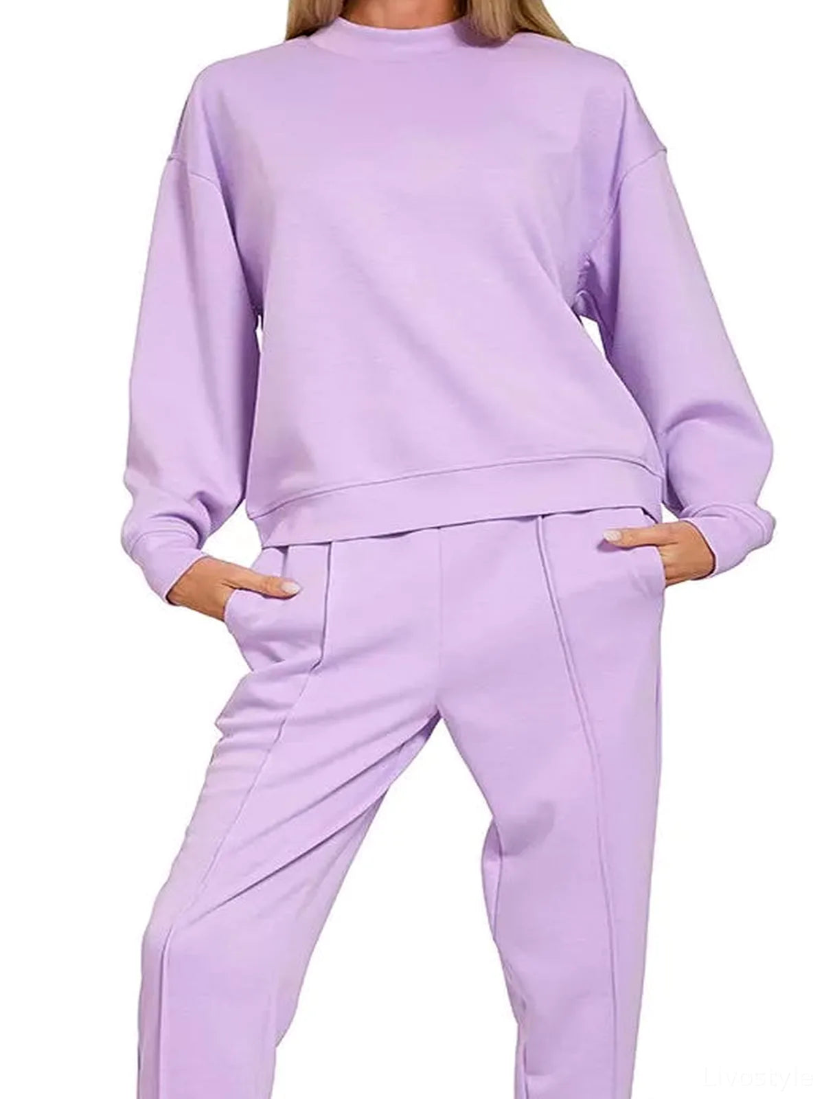 Scuba Mock Neck Sweatshirt and Joggers Set in LILAC — detail view — Livostyle