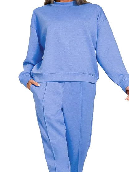 Scuba Mock Neck Sweatshirt and Joggers Set in CORNFLOWER BLU — detail view — Livostyle