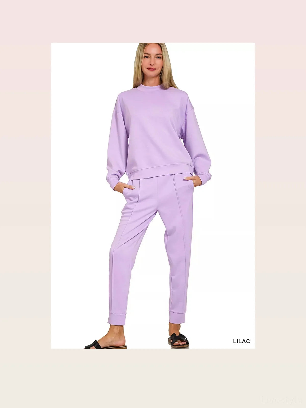 Scuba Mock Neck Sweatshirt and Joggers Set in LILAC — styled showcase — Livostyle