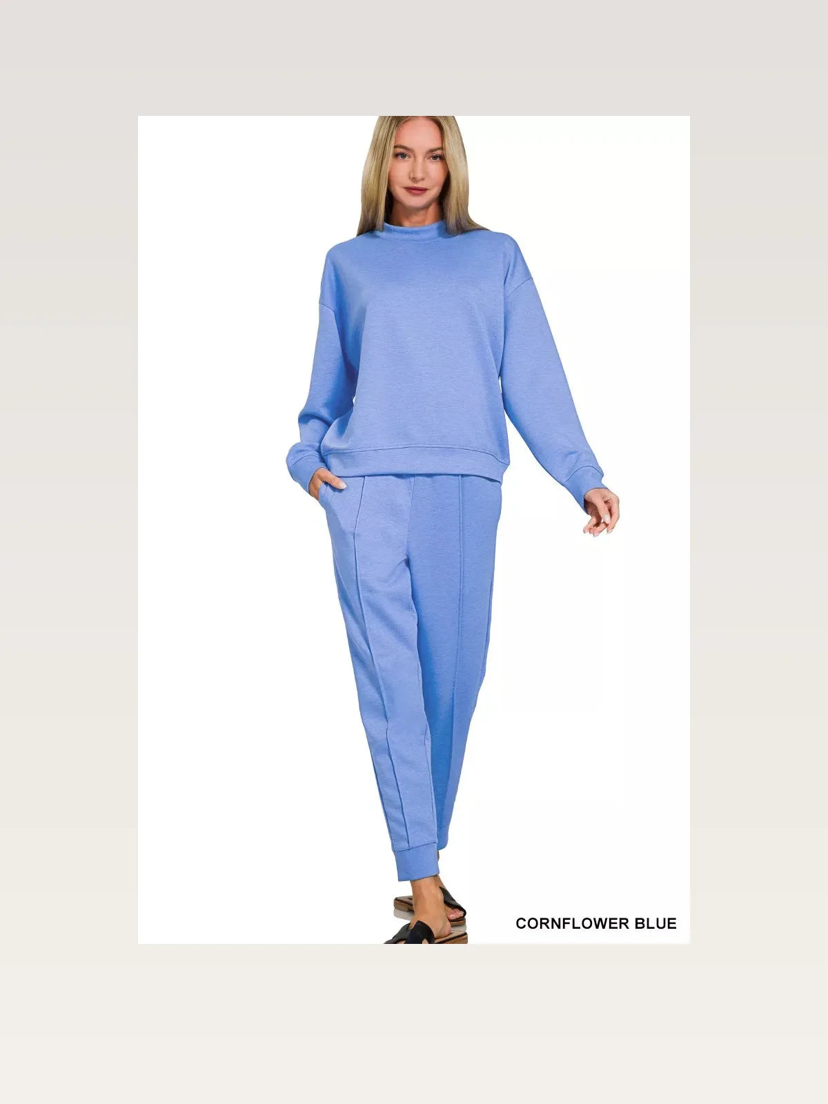 Scuba Mock Neck Sweatshirt and Joggers Set in CORNFLOWER BLU — styled showcase — Livostyle