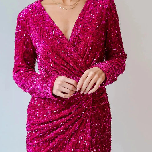 Sequin Surplice Long Sleeve Mini Dress — square view — Livostyle