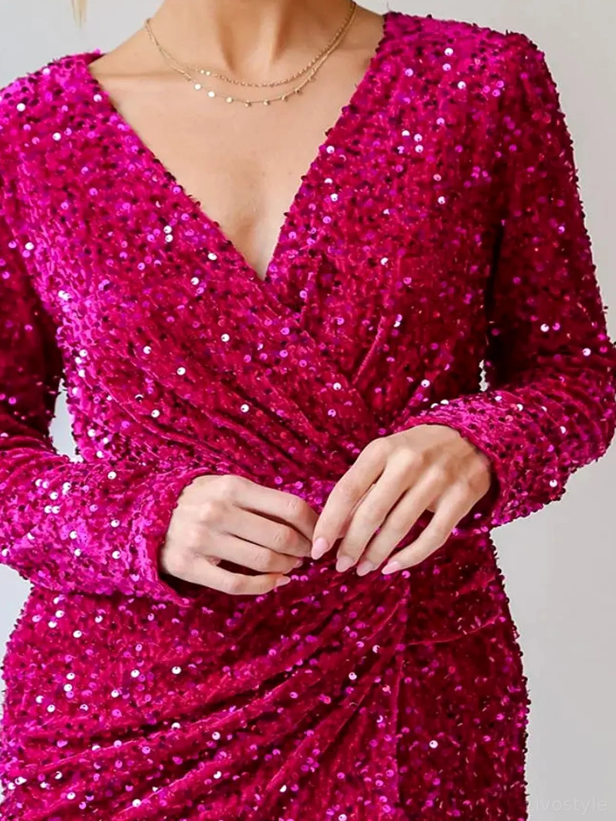 Sequin Surplice Long Sleeve Mini Dress — detail view — Livostyle