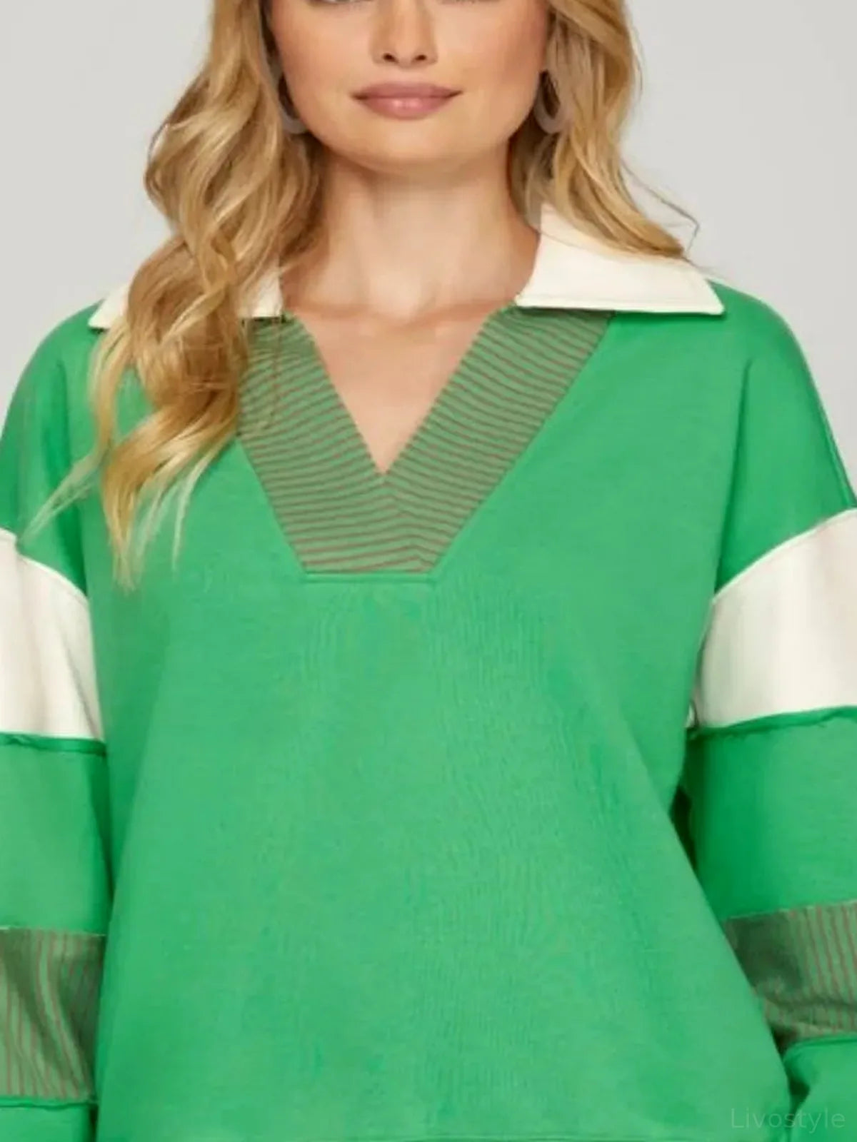 Color Block Sleeve Johnny Collar French Terry Sweatshirt — detail view — Livostyle