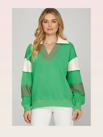 Color Block Sleeve Johnny Collar French Terry Sweatshirt — styled showcase — Livostyle