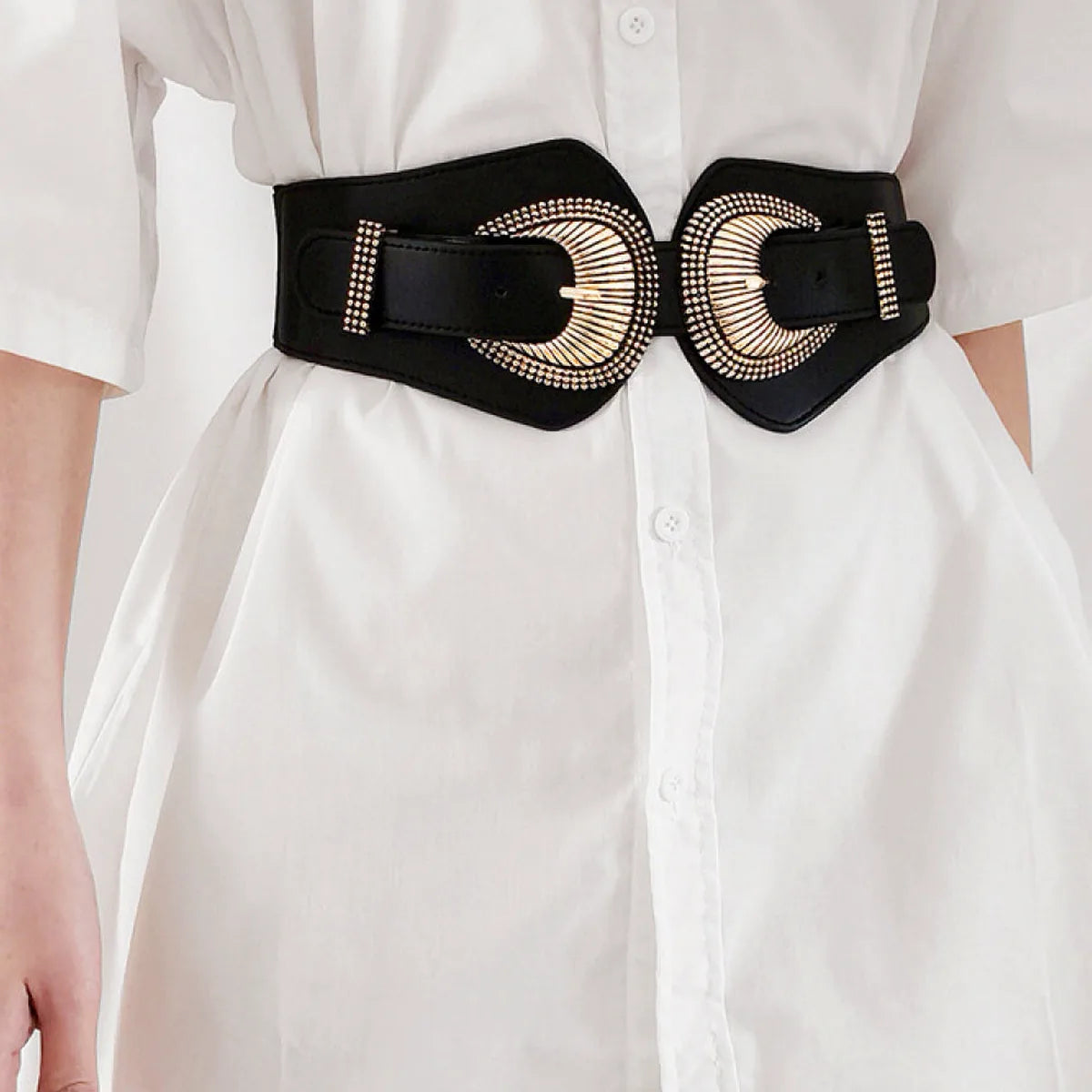 Shell Double Buckle Elastic Wide Belt — square view — Livostyle
