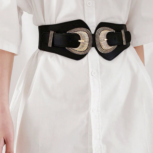 Shell Double Buckle Elastic Wide Belt — square view — Livostyle