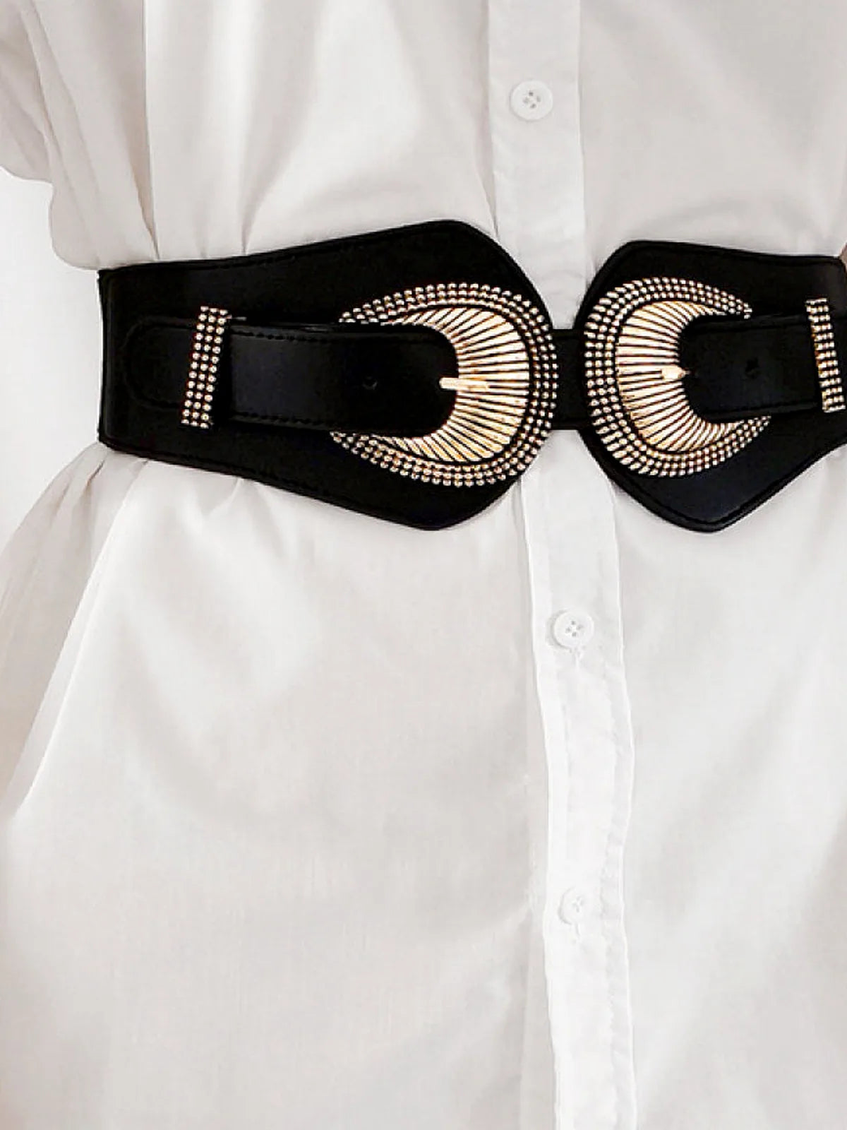 Shell Double Buckle Elastic Wide Belt — detail view — Livostyle