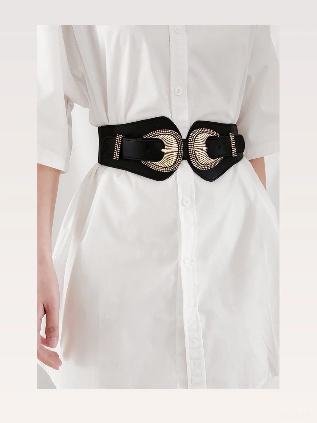 Shell Double Buckle Elastic Wide Belt — styled showcase — Livostyle