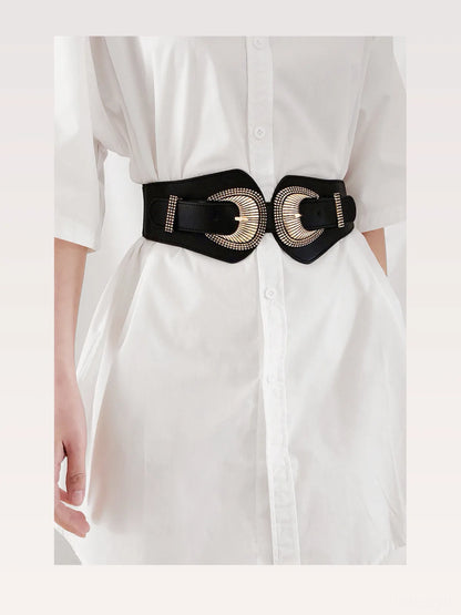 Shell Double Buckle Elastic Wide Belt — styled showcase — Livostyle