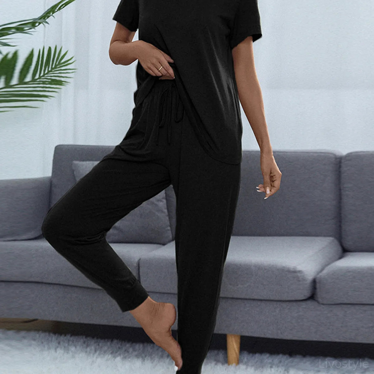 Shiny Round Neck Short Sleeve Top and Pants Set – full product view