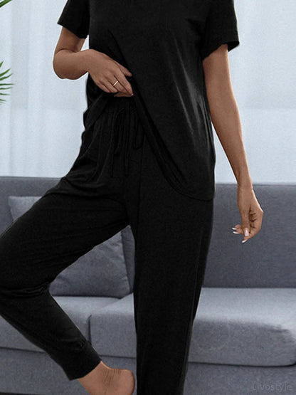 Shiny Round Neck Short Sleeve Top and Pants Set – fabric and detail close-up