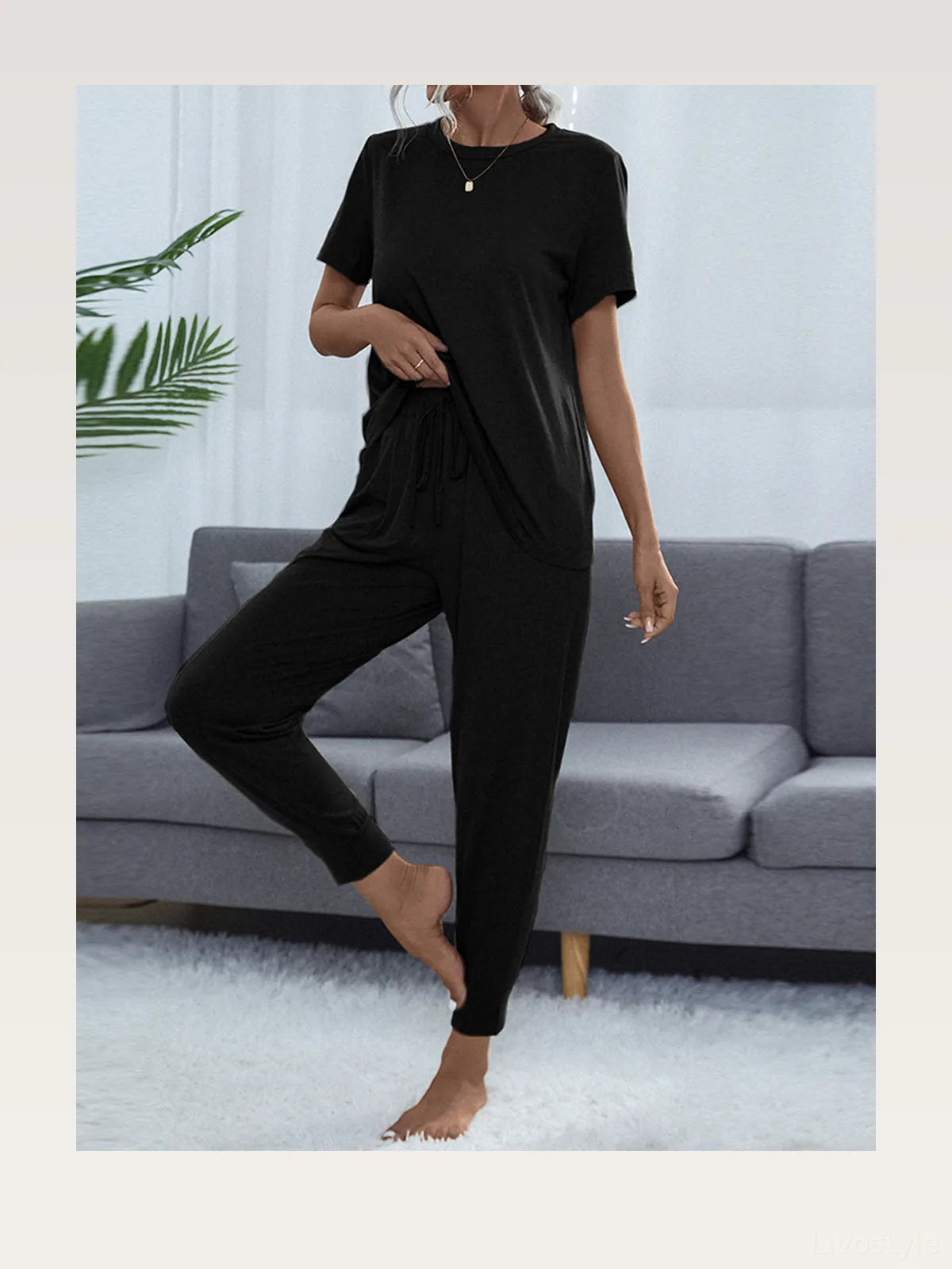 Shiny Round Neck Short Sleeve Top and Pants Set – styled outfit view