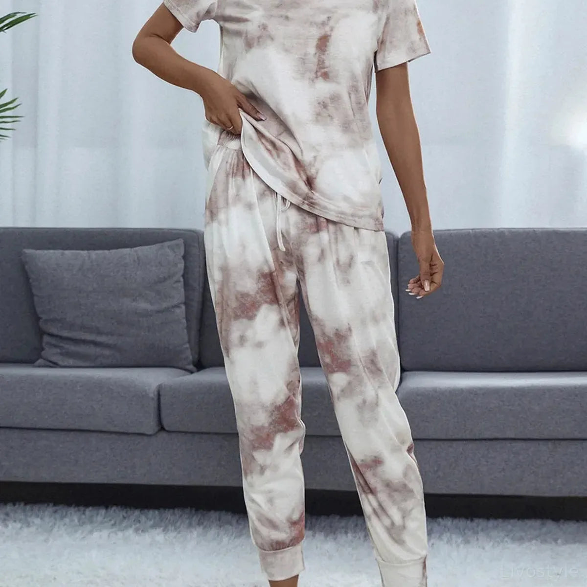 Shiny Tie-Dye Round Neck Short Sleeve Top and Pants Lounge S — square view — Livostyle