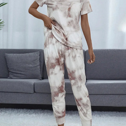Shiny Tie-Dye Round Neck Short Sleeve Top and Pants Lounge S — square view — Livostyle