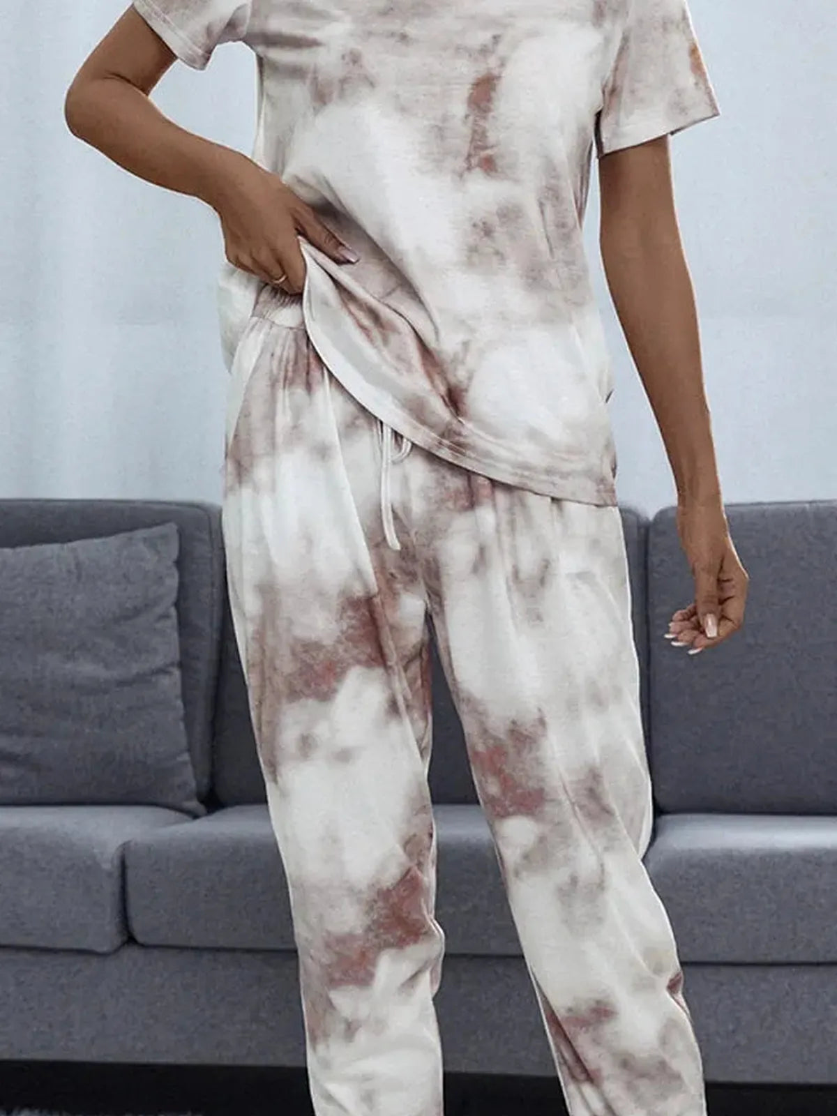 Shiny Tie-Dye Round Neck Short Sleeve Top and Pants Lounge S — detail view — Livostyle