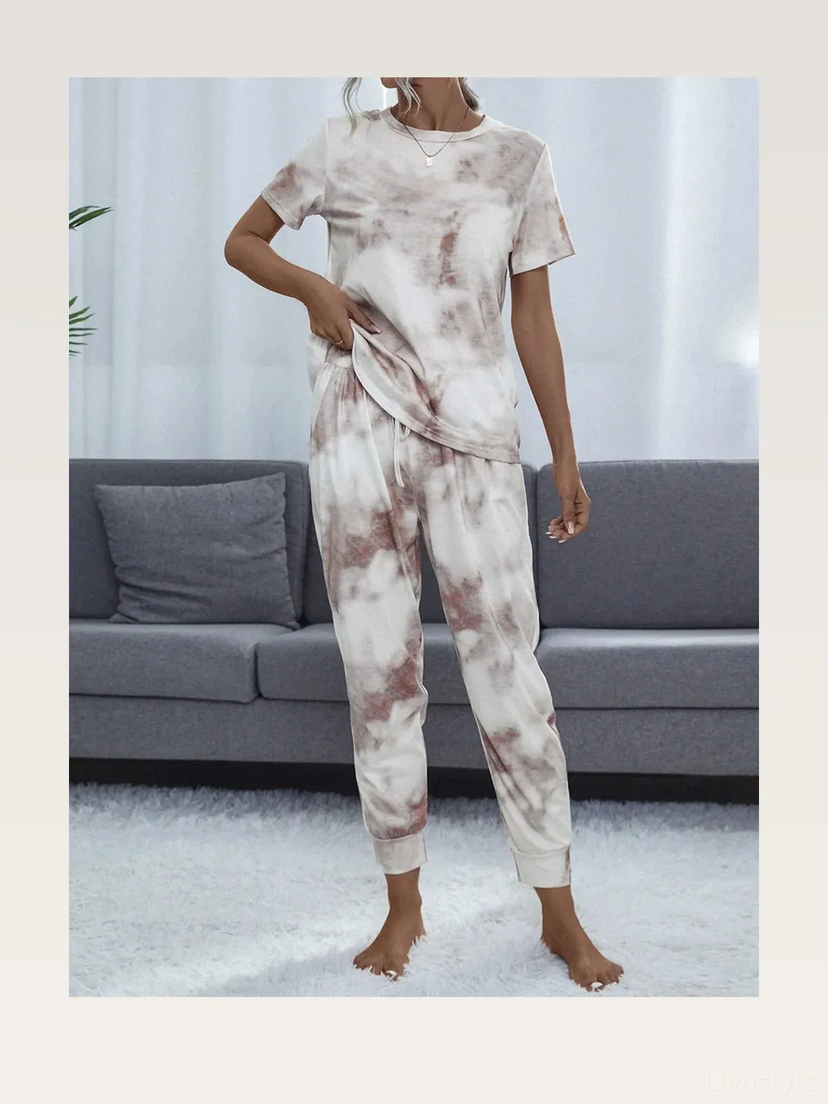 Shiny Tie-Dye Round Neck Short Sleeve Top and Pants Lounge S — styled showcase — Livostyle