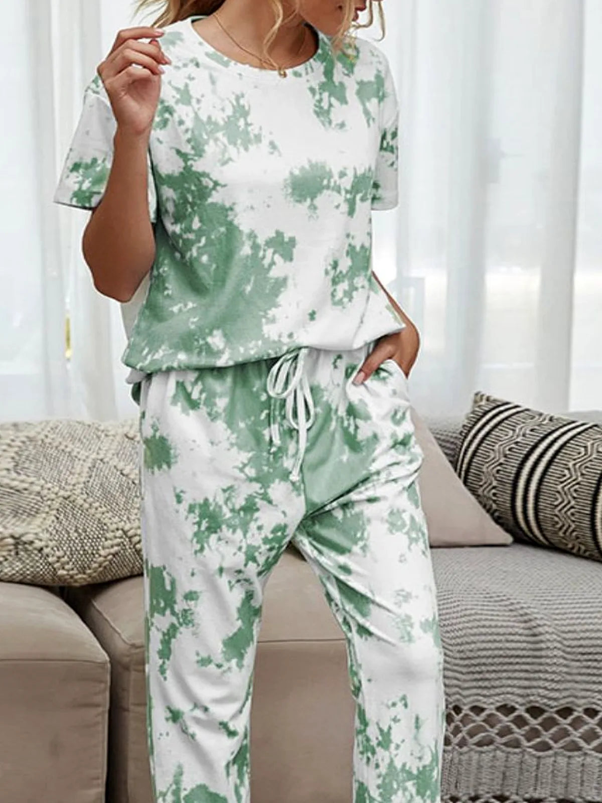 Shiny Tie-Dye Tee and Drawstring Waist Joggers Lounge Set — detail view — Livostyle