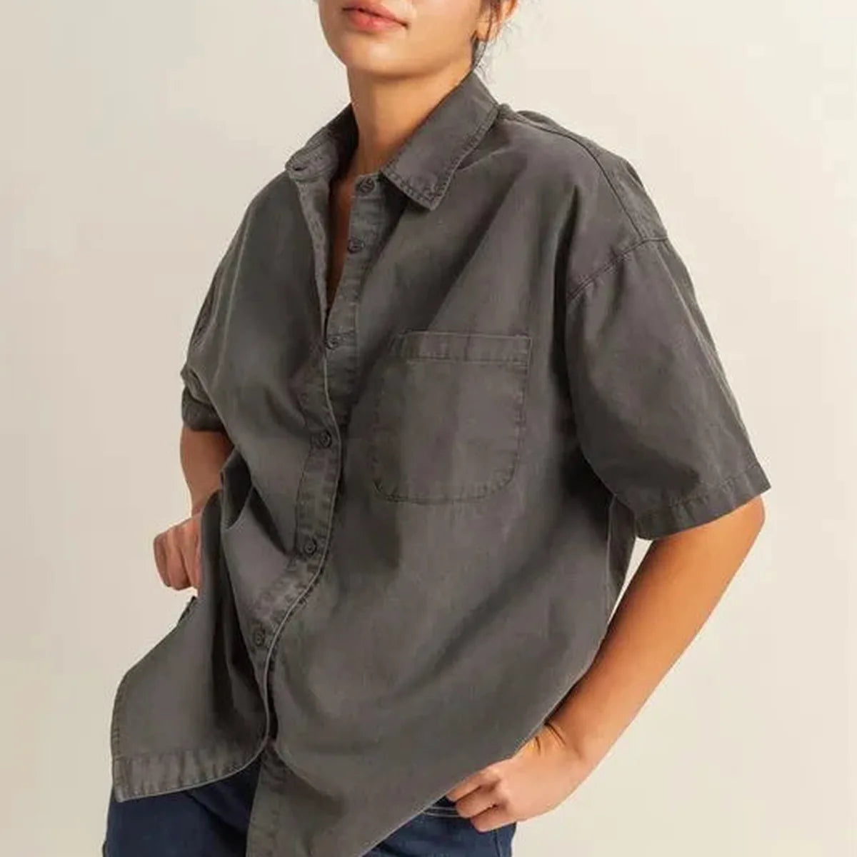 Casual Oversized Button-Down Shirt with Short Sleeves — square view — Livostyle