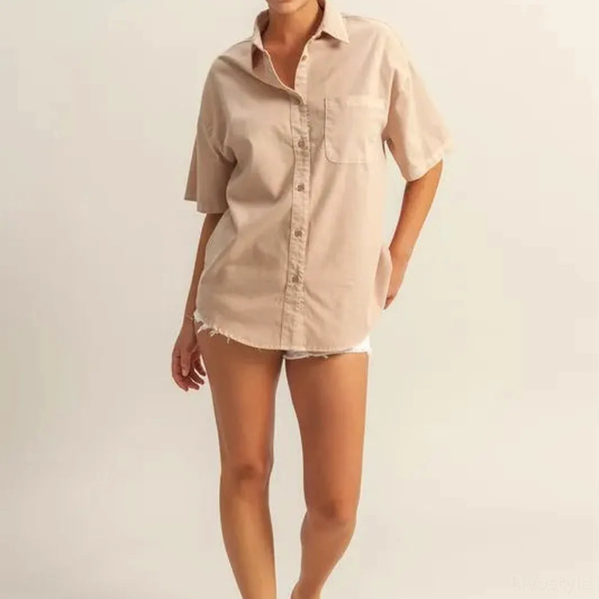 Casual Oversized Button-Down Short Sleeve Shirt — square view — Livostyle