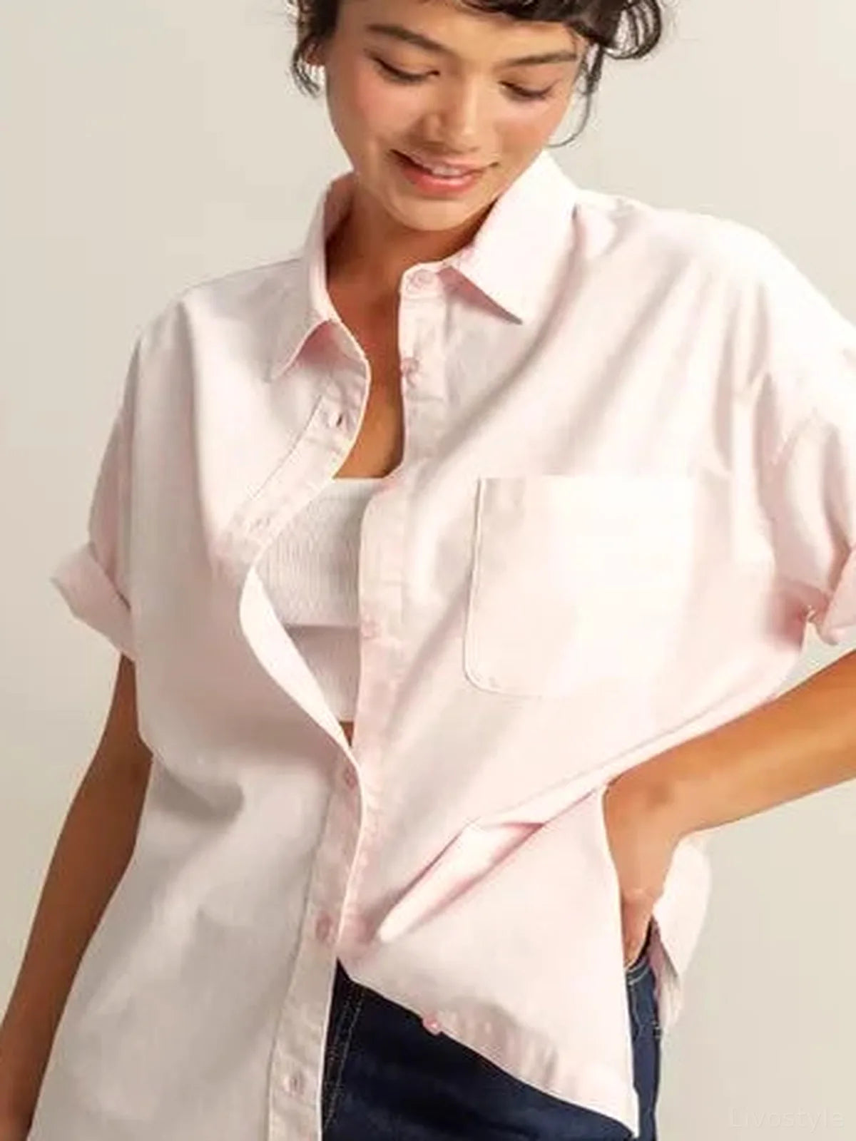 Casual Oversized Short Sleeve Button-Down Shirt — detail view — Livostyle