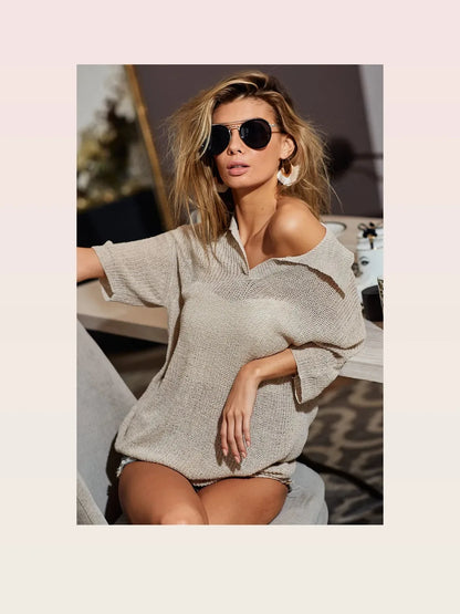 Collared Knit Top - Short Sleeve - Versatile & Stylish — styled showcase — Livostyle