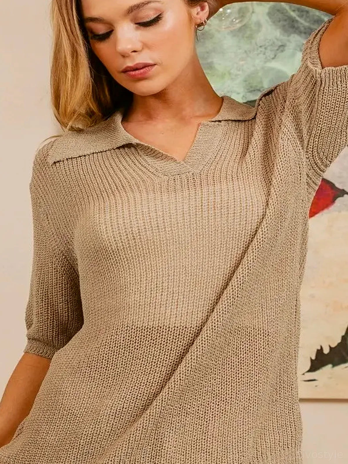 Chic Short Sleeve Knit Top with Collar — detail view — Livostyle