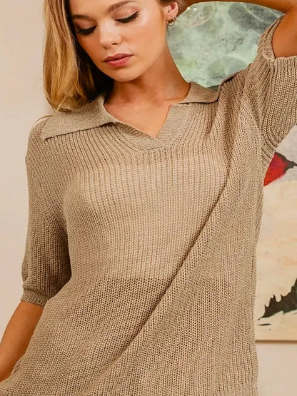 Chic Short Sleeve Knit Top with Collar — detail view — Livostyle