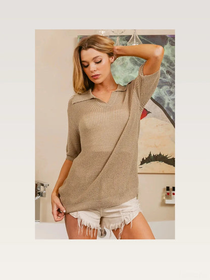 Chic Short Sleeve Knit Top with Collar — styled showcase — Livostyle