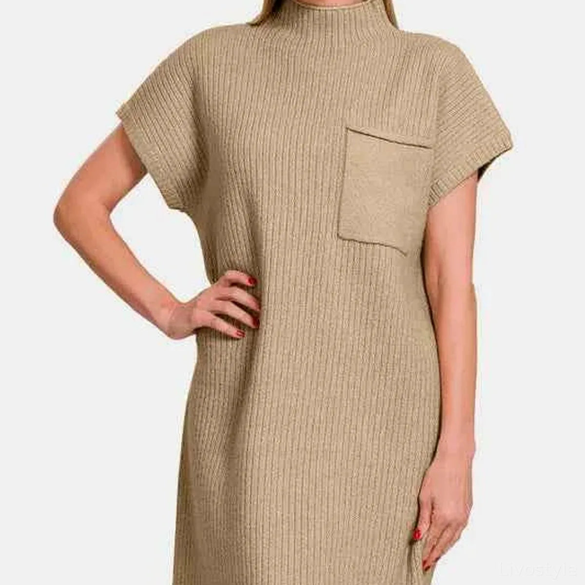 Short Sleeve Sweater Mini Dress in H. Mocha — square view — Livostyle