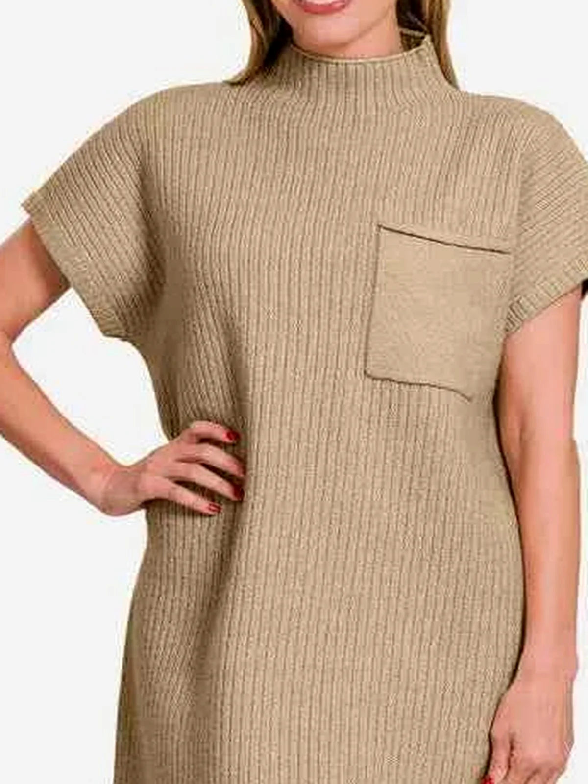 Short Sleeve Sweater Mini Dress in H. Mocha — detail view — Livostyle