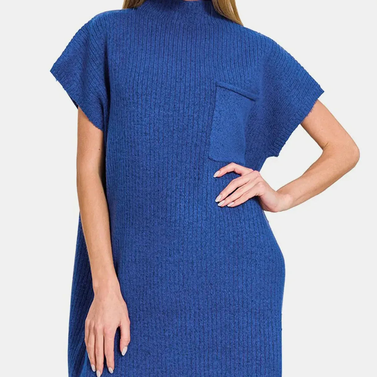 Short Sleeve Ribbed Knit Sweater Mini Dress in Navy – photo 2