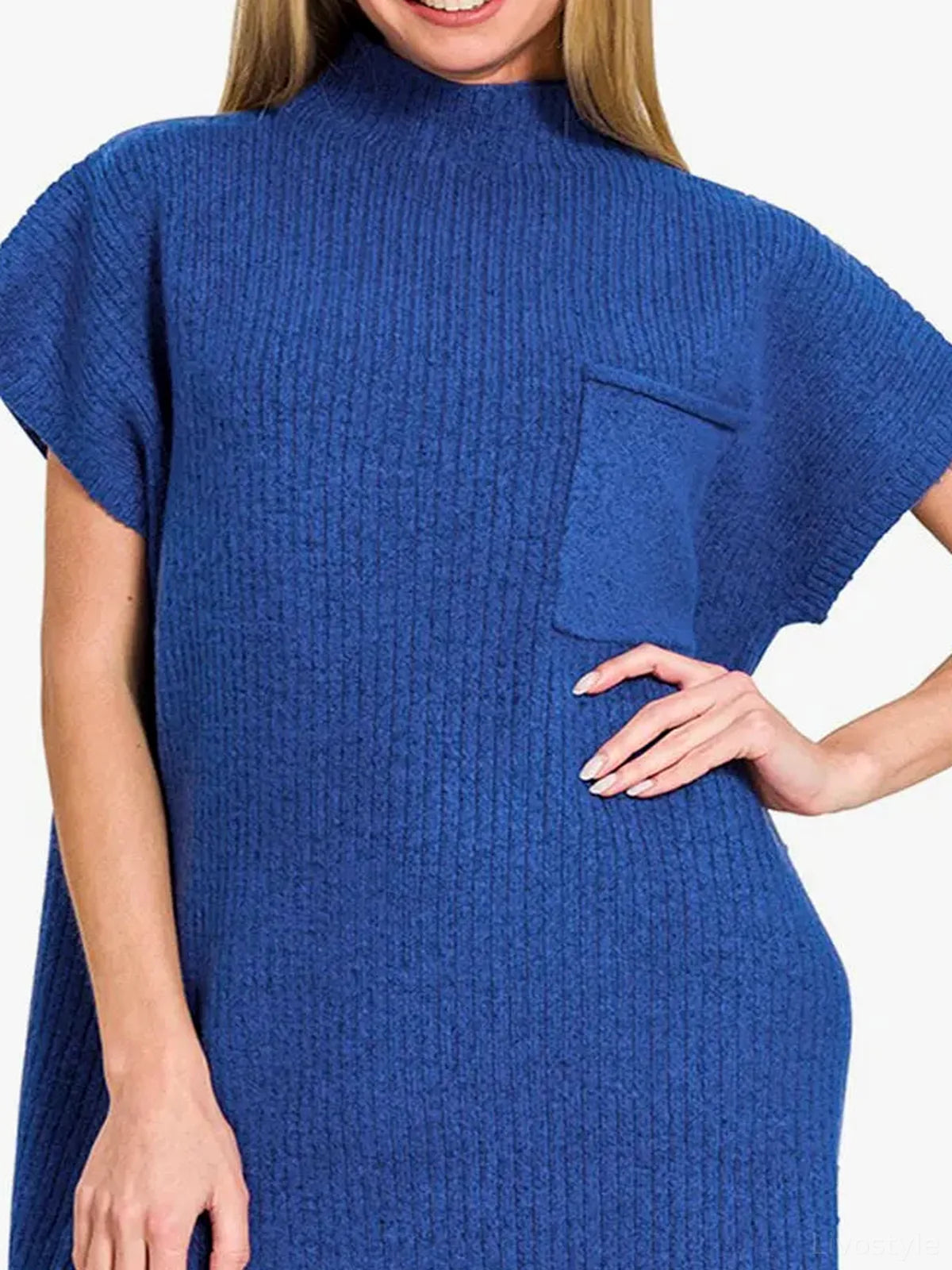 Short Sleeve Ribbed Knit Sweater Mini Dress in Navy – photo 3