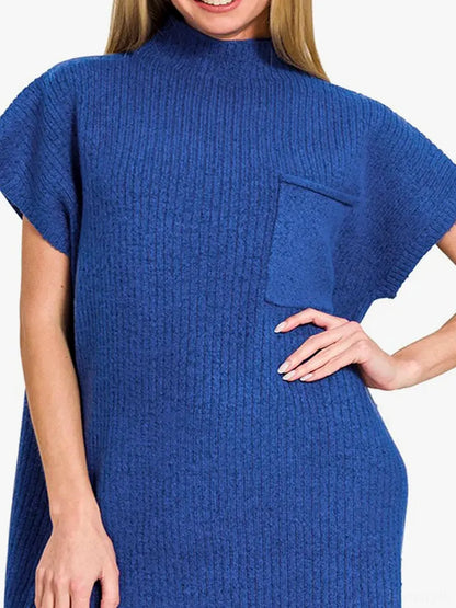 Short Sleeve Ribbed Knit Sweater Mini Dress in Navy – photo 3