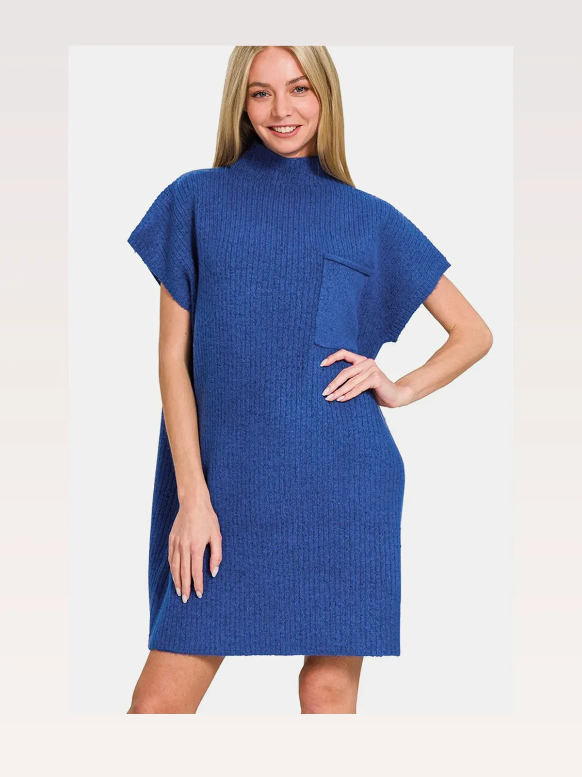Short Sleeve Ribbed Knit Sweater Mini Dress in Navy – photo 4