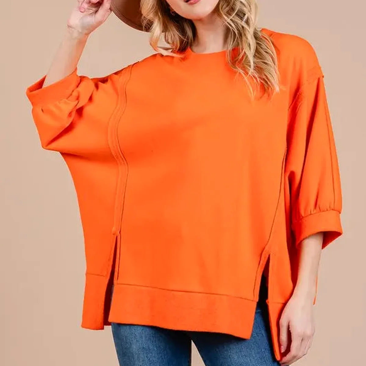Trendy Side Slit & Puff Sleeve Sweatshirt — square view — Livostyle
