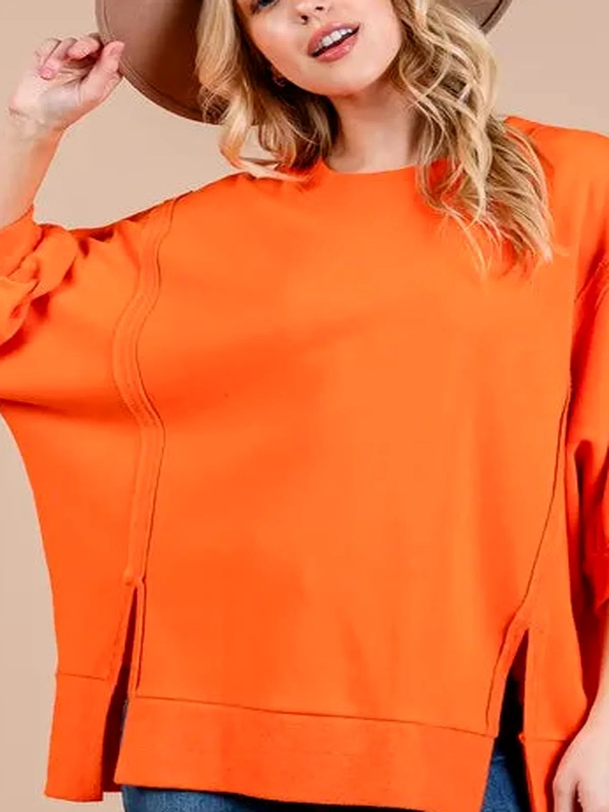 Trendy Side Slit & Puff Sleeve Sweatshirt — detail view — Livostyle