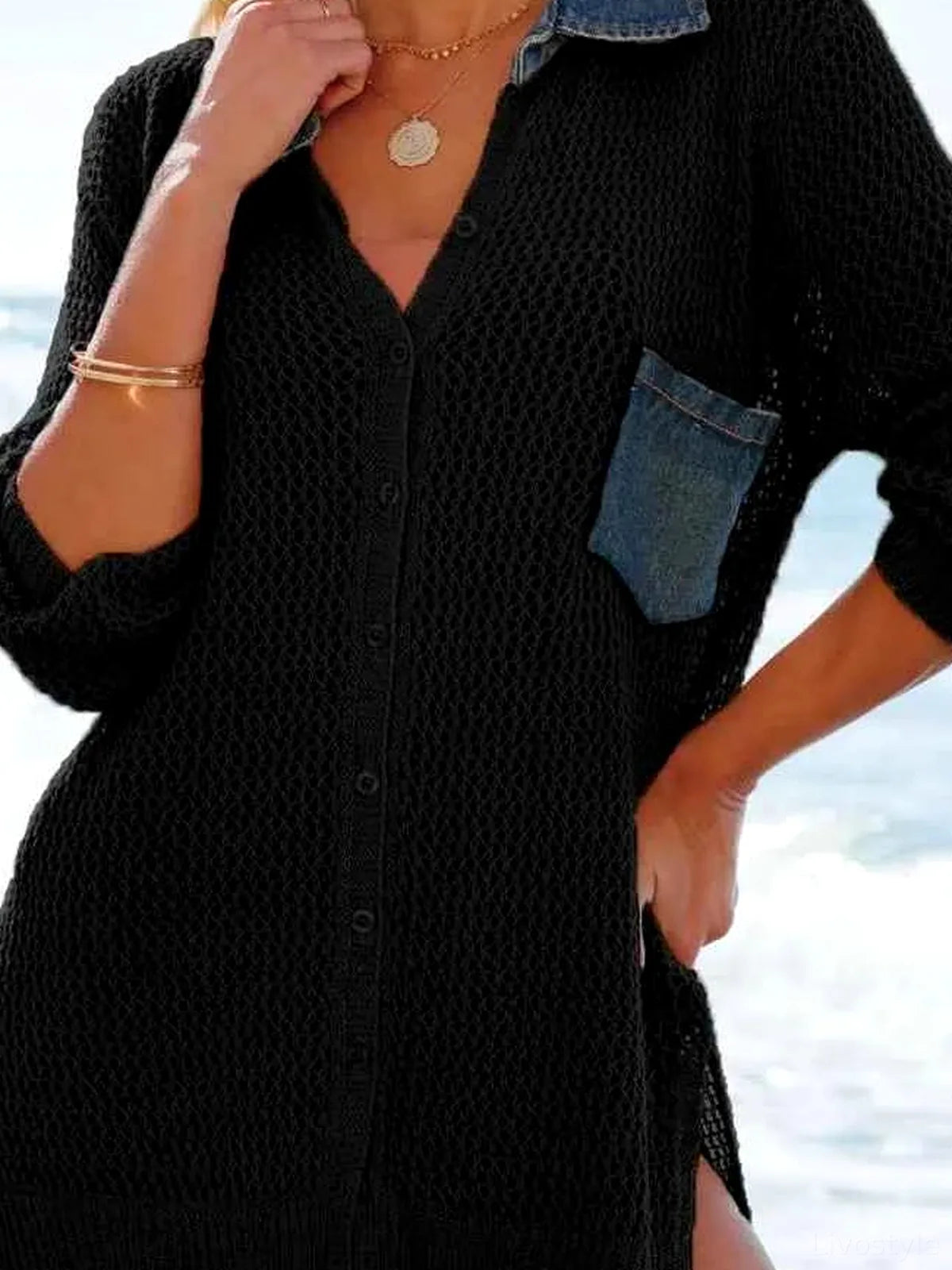 Side Slit Openwork Collared Neck Cover-Up — detail view — Livostyle