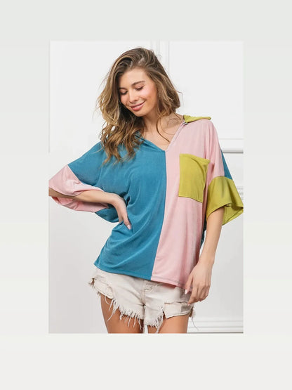 Elegant Slinky Knit Color Block V-Neck Top — styled showcase — Livostyle