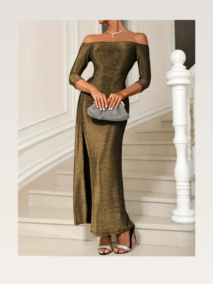 Slit Off-Shoulder Long Sleeve Midi Dress — styled showcase — Livostyle