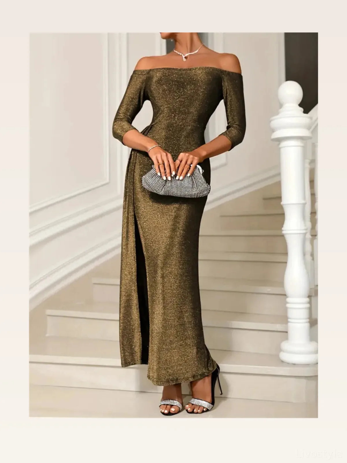 Slit Off-Shoulder Long Sleeve Midi Dress — styled showcase — Livostyle