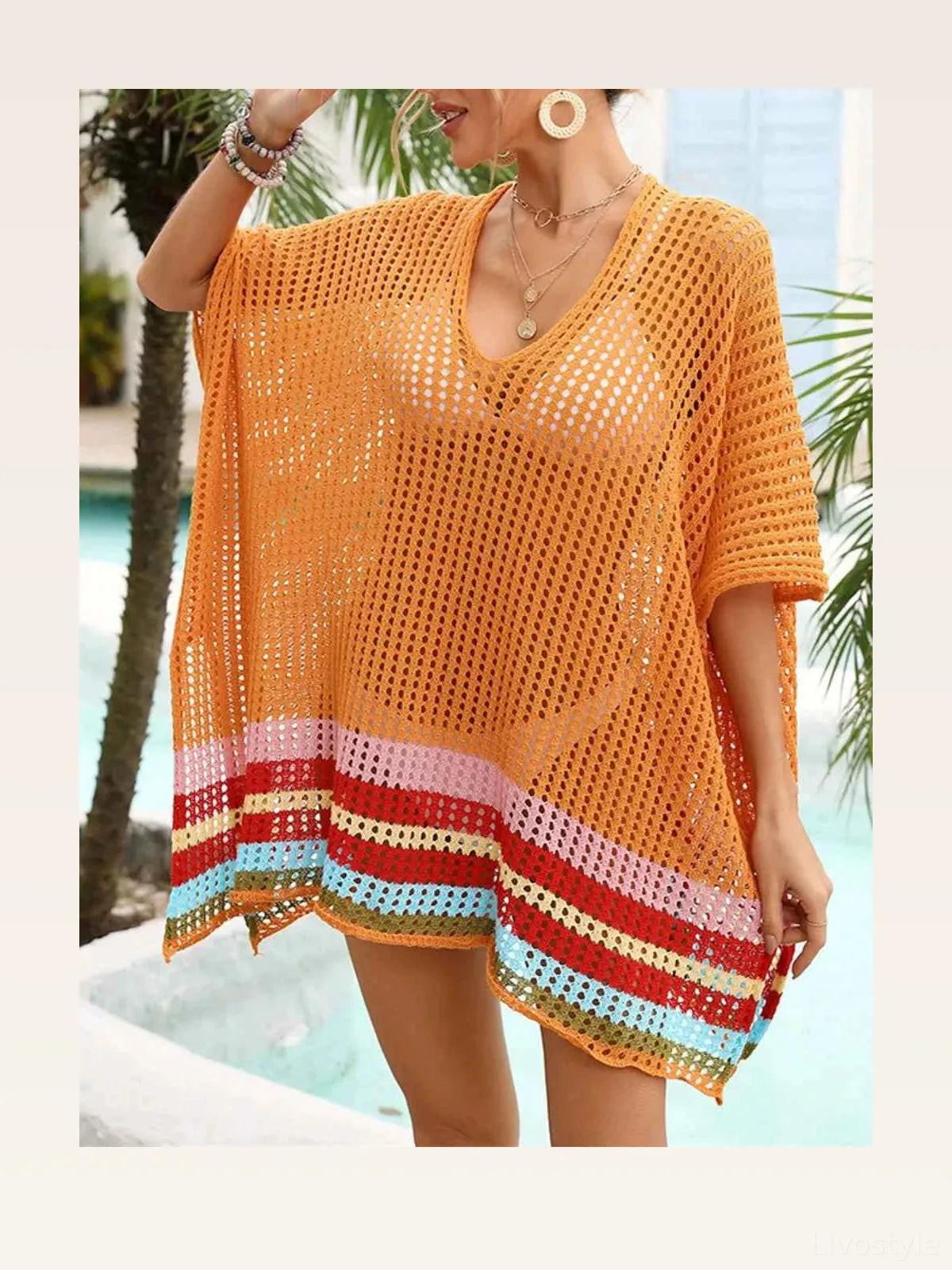 Slit Openwork V-Neck Half Sleeve Cover-Up — styled showcase — Livostyle