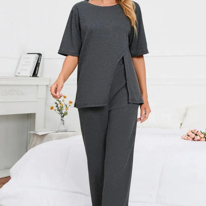 Slit Round Neck Top and Pants Lounge Set — square view — Livostyle