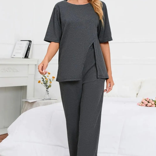 Slit Round Neck Top and Pants Lounge Set — square view — Livostyle