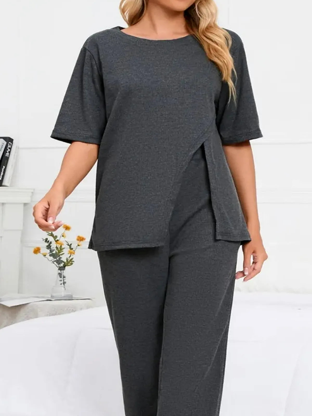 Slit Round Neck Top and Pants Lounge Set — detail view — Livostyle
