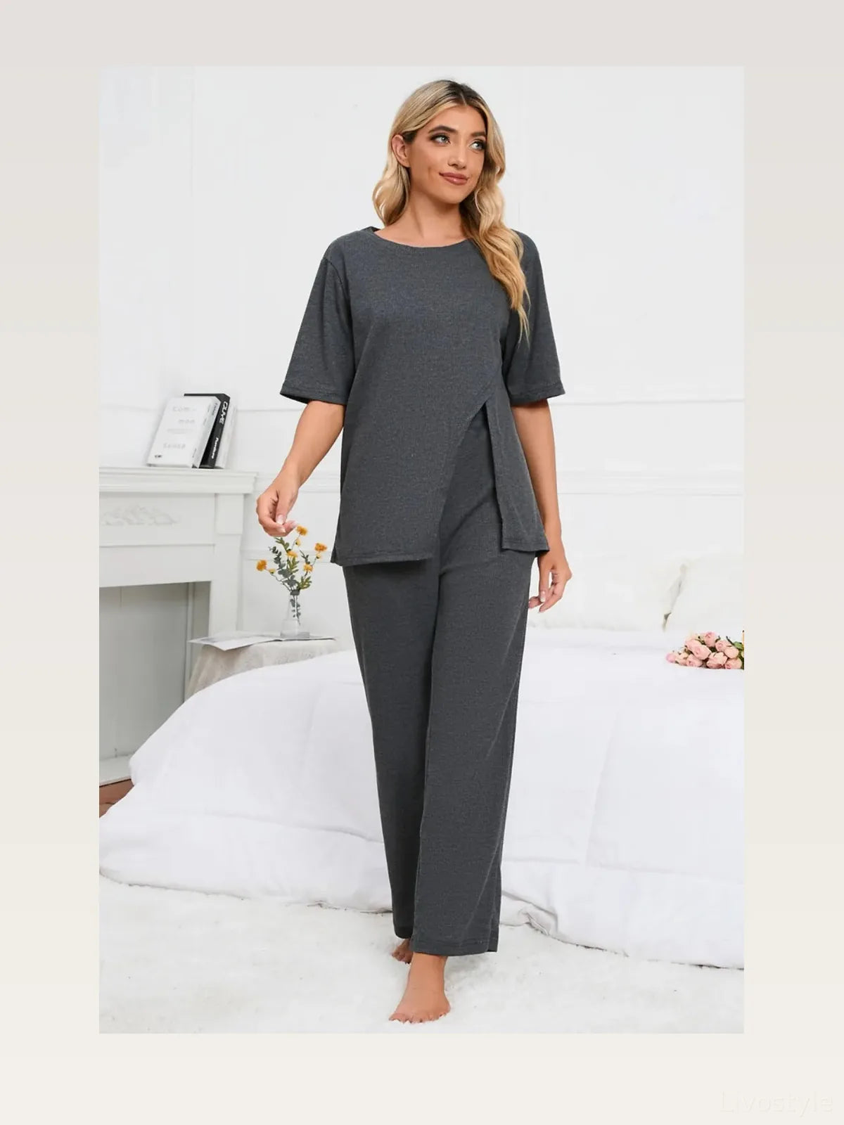 Slit Round Neck Top and Pants Lounge Set — styled showcase — Livostyle