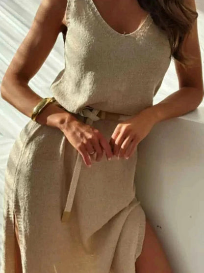 Slit V-Neck Sleeveless Sweater Dress — detail view — Livostyle