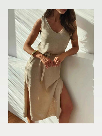Slit V-Neck Sleeveless Sweater Dress — styled showcase — Livostyle
